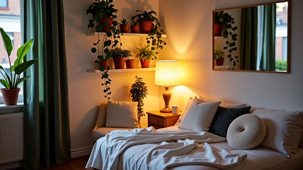 Gezellige studio-appartement met verlichting, planten en textiel