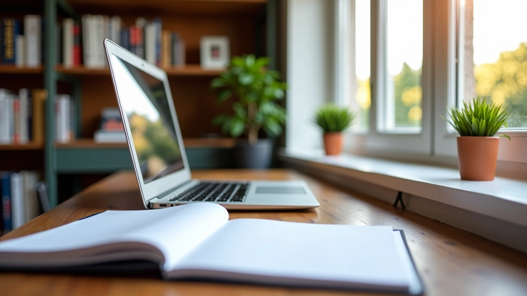 Vriendelijk kantoor met computers, notitieblokken en boeken over huisvesting en interieur, werkplek met warme sfeer
