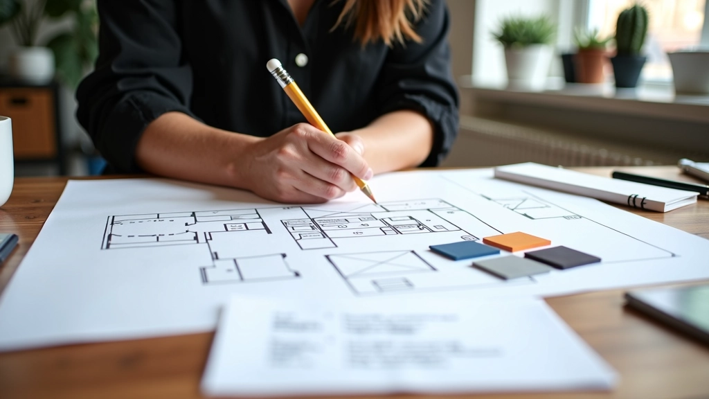 Studio-appartement inrichtingsschets met basis meubels en kleurenplan