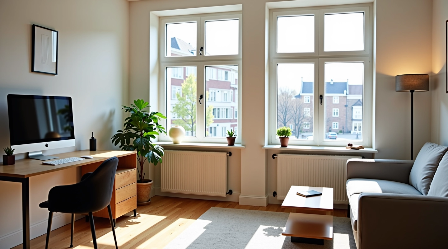 Modern studio appartement met grote ramen, minimalistisch ingericht met natuurlijk licht, houten meubels en comfortabele zithoek
